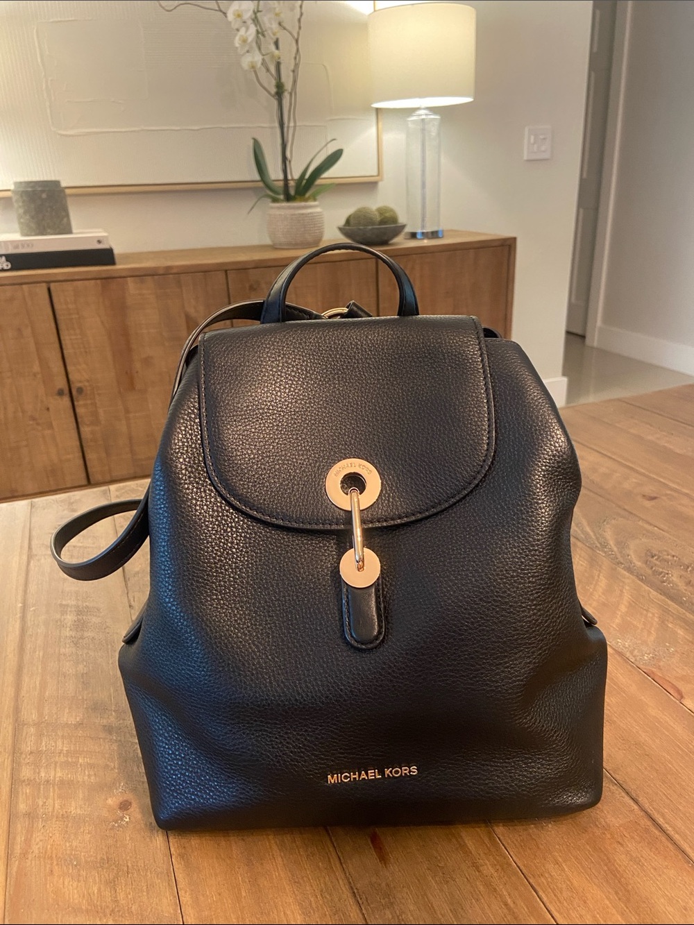 MICHAEL KORS Black Pebbled Leather Backpack with Gold Hardware